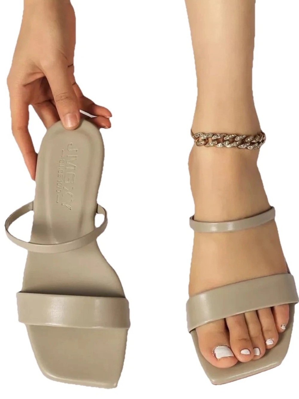 JMGXY Taupe Beige Square Toe Flat Slide Sandals Two Strap Women's Size 7.5